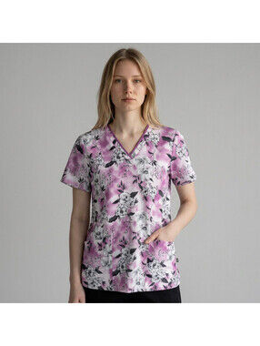 Healing Hands Scrub Top Women S Small Pink Floral V-Neck Short Sleeve Pockets